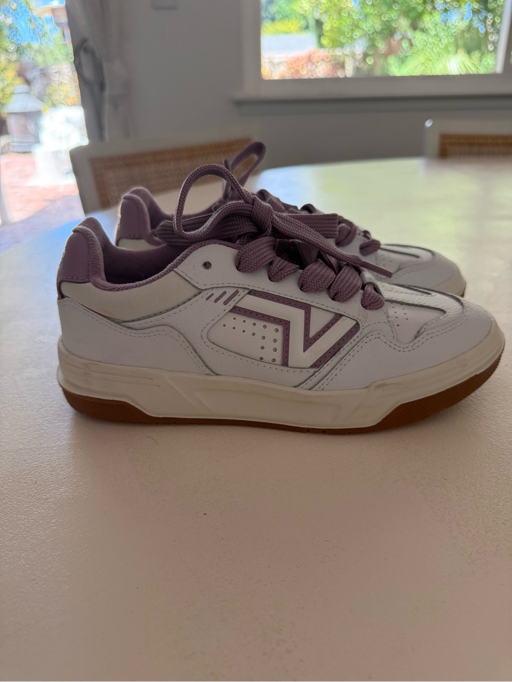 Vans White Sneakers with Lavender Accents and Gum Sole